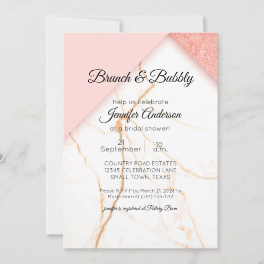 Invitation de douche rose et or moderne en marbre (Devant)