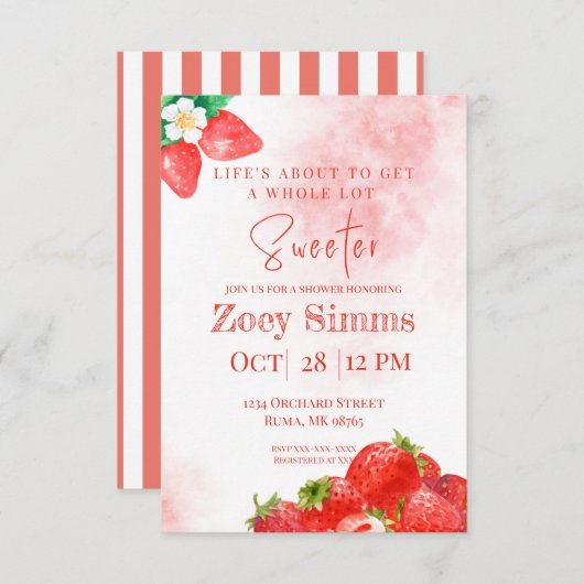 Invitation de douche thématique fraise rouge (Devant / Derrière)