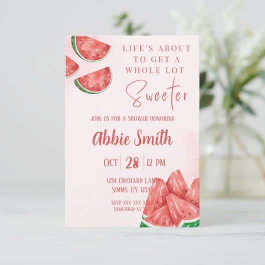Invitation de douche thématique pastèque rose (Debout devant)
