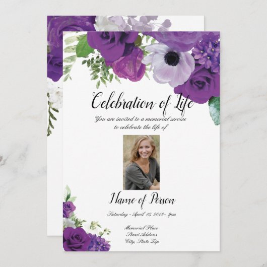 Invitation de Faire-part funéraire violet Rose (Devant / Derrière)