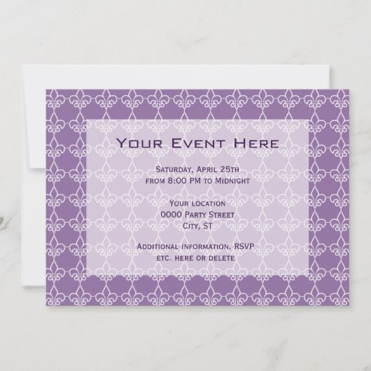 Invitation de fête à motif Fleur de Lis Violet Bla (Devant)