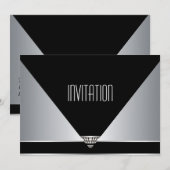 Invitation de fête Art Déco Noir Argent (Devant / Derrière)
