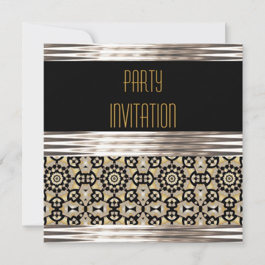 Invitation de fête Art Déco Noir Argent Or (Devant)