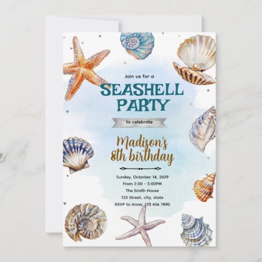 Invitation de fête aux coquillages de plage (Devant)