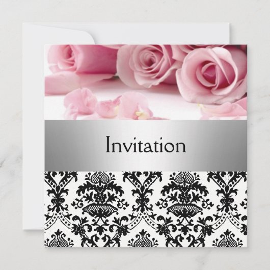 Invitation de fête avec des roses roses damassées, (Devant)