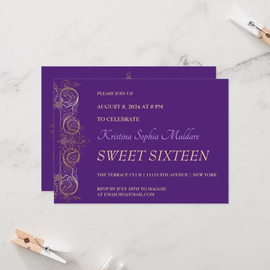Invitation de fête avec une fine bordure dorée (Devant/Arrière en situation)