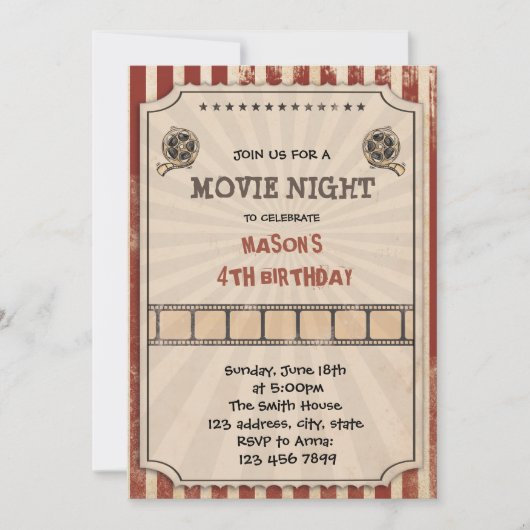 Invitation de fête billet de cinéma vintage (Devant)