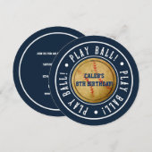 Invitation de fête bleue de baseball vintage JOUER (Devant / Derrière)