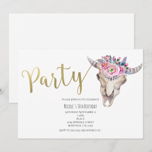 Invitation de fête Bohème Crâne de Vache Floral Or (Devant / Derrière)