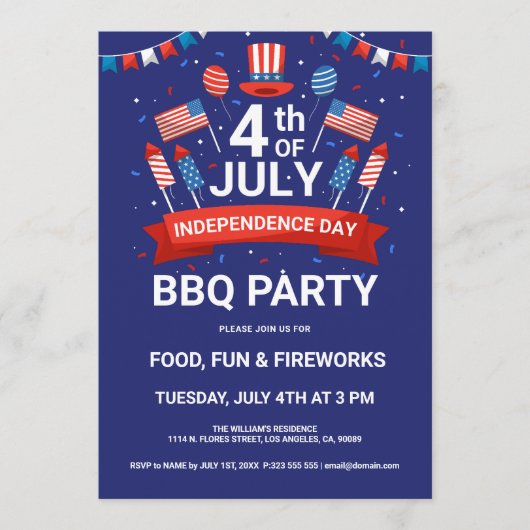 Invitation de fête BQ Feu d'artifice et Drapeaux d (Devant)