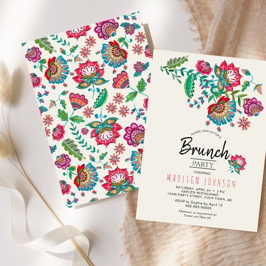 Invitation de fête brunch Fleurs folkloriques roug