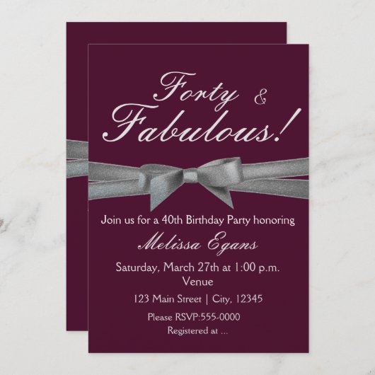 Invitation de fête chic à arc en argent violet vin (Devant / Derrière)