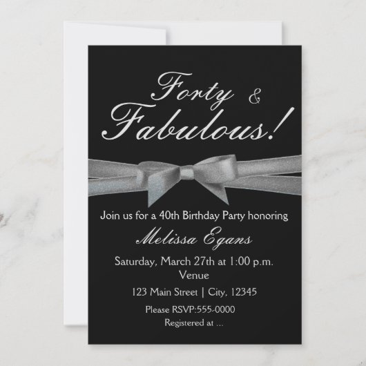Invitation de fête chic à nœud noir et argent (Devant)