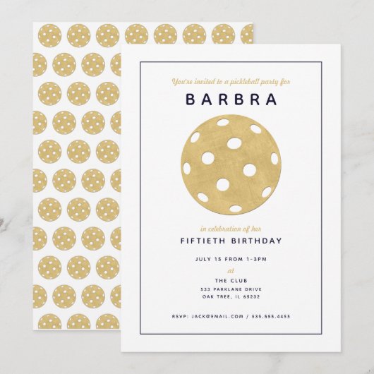 Invitation de fête chic Pickleball Party Gold Blac (Devant / Derrière)
