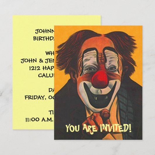 INVITATION DE FÊTE CLOWN ~ FACILE À CUSTOMISER! (Devant / Derrière)