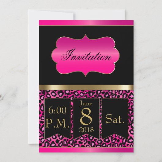 Invitation de fête Cool Rose Chaud et Léopard Noir (Devant)