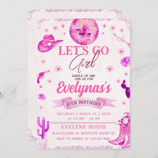 Invitation de fête Cowgirl Lets Go (Devant / Derrière)