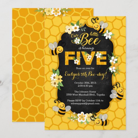 Invitation de fête d'abeille 5e anniversaire - Ann (Devant / Derrière)
