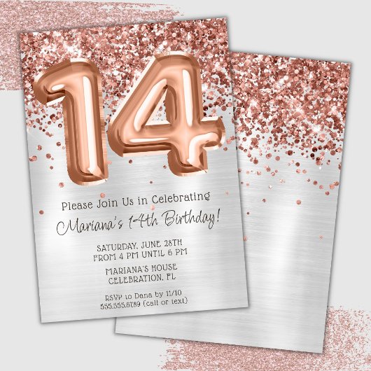 Invitation de fête d'anniversaire 14 ans Rose Gold