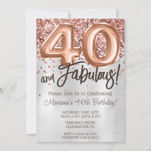 Invitation de fête d'anniversaire 40 ans Rose Gold (Devant)
