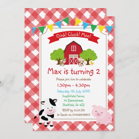 Invitation de fête d'anniversaire à thème agricole (Devant / Derrière)