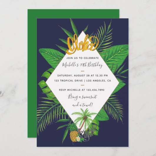 Invitation de fête d'anniversaire Aloha Luau (Devant / Derrière)