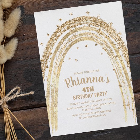 Invitation de fête d'anniversaire arc-en-ciel doré
