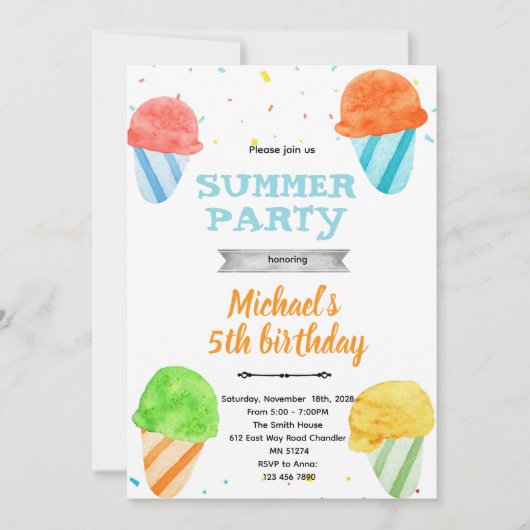 Invitation de fête d'anniversaire au cône de neige (Devant)