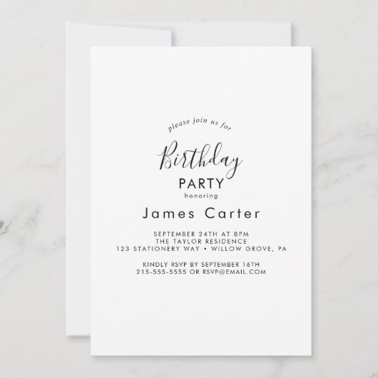 Invitation de fête d'anniversaire au script modern (Devant)
