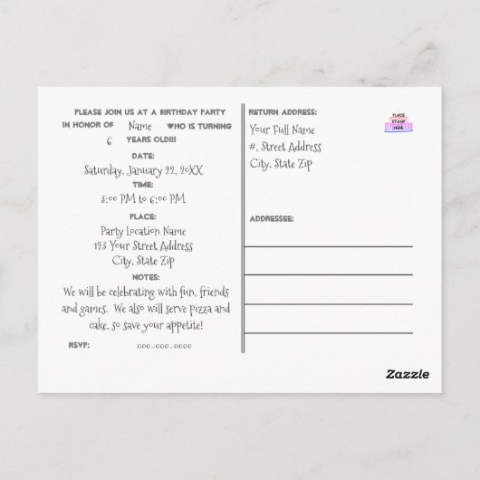 Invitation de fête d'anniversaire avec carte posta (Dos)