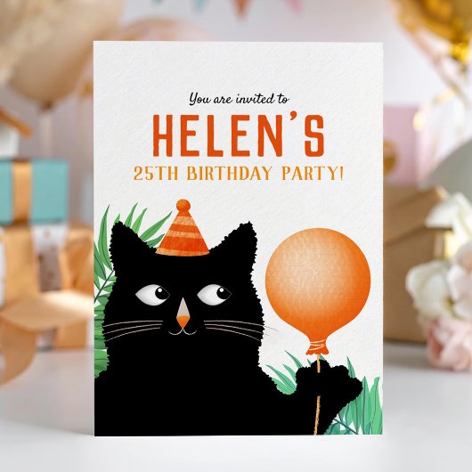 Invitation de fête d'anniversaire avec chat noir e