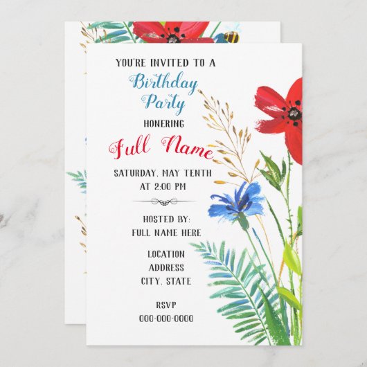 Invitation de fête d'anniversaire avec des fleurs  (Devant / Derrière)