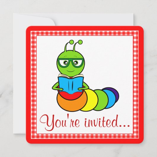 Invitation de fête d'anniversaire avec ver de livr (Devant)