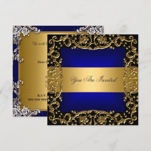 Invitation de fête d'anniversaire bleu or (Devant / Derrière)