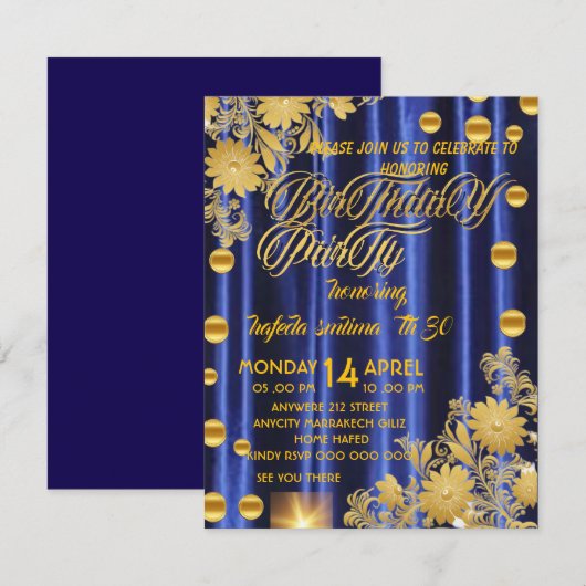 Invitation de fête d'anniversaire bleu royal or, f (Devant / Derrière)