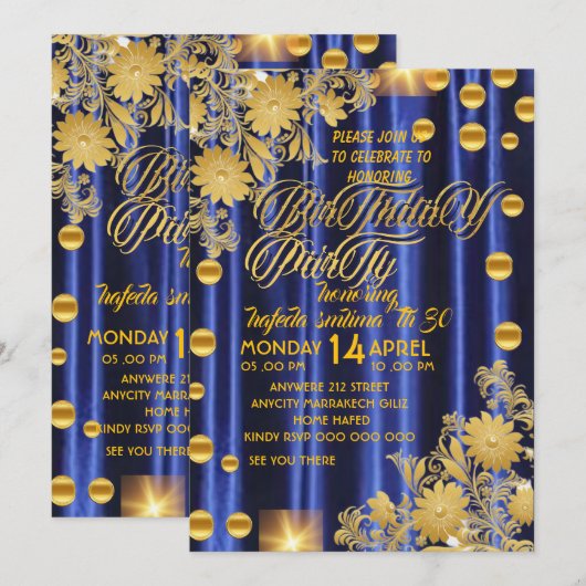 Invitation de fête d'anniversaire bleu royal or, f (Devant / Derrière)