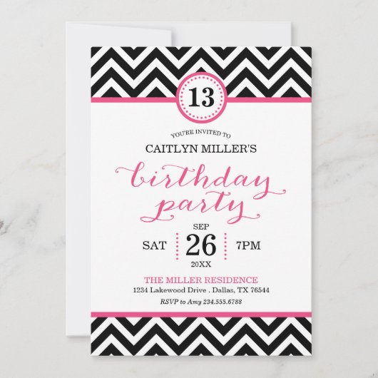 Invitation de fête d'anniversaire branchée Zigzag (Devant)