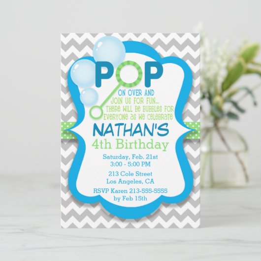 Invitation de fête d'anniversaire Bubble Pop Blue  (Debout devant)
