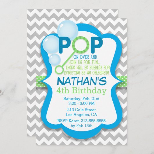 Invitation de fête d'anniversaire Bubble Pop Blue (Devant / Derrière)