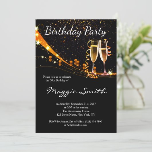 Invitation de fête d'anniversaire classique noir e (Debout devant)