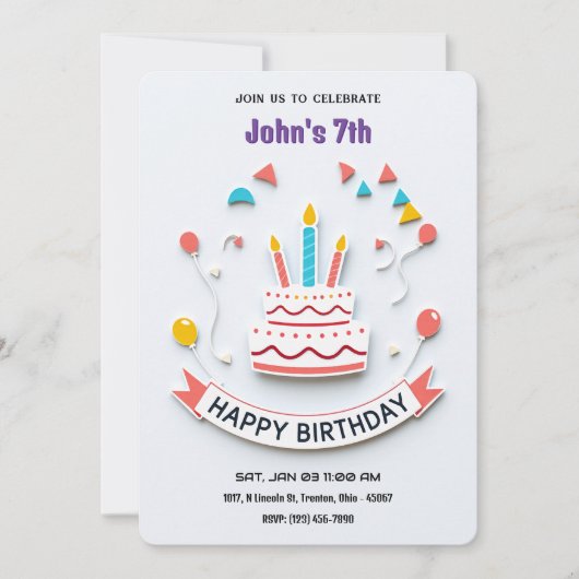 Invitation de fête d'anniversaire colorée avec ban (Devant)