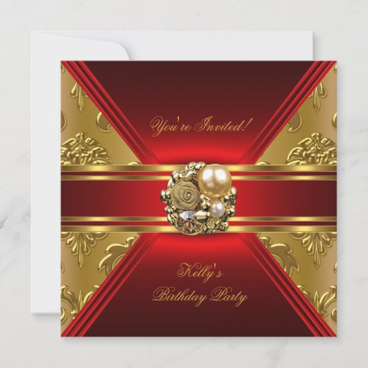 Invitation de fête d'anniversaire Damassé Rouge Or (Devant)