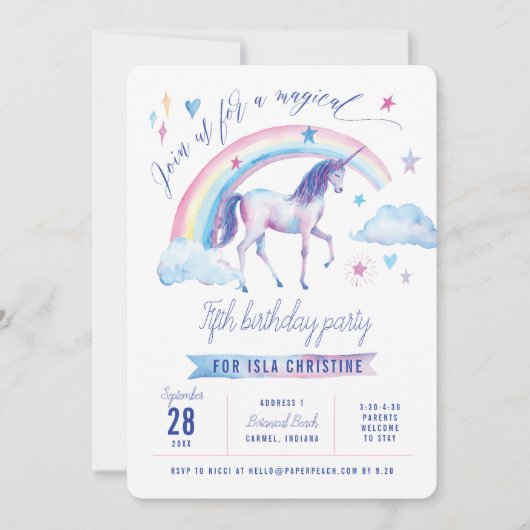 Invitation de fête d'anniversaire d'arc-en-ciel de (Devant)