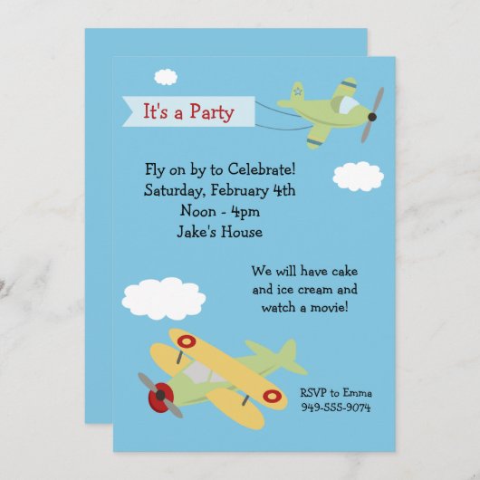 Invitation de fête d'anniversaire d'avion (Devant / Derrière)