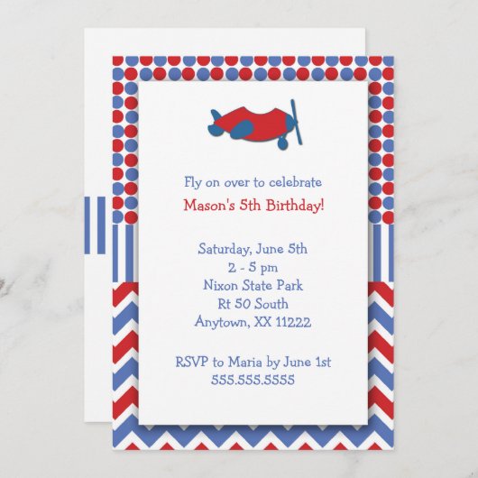 Invitation de fête d'anniversaire d'avion/bleu (Devant / Derrière)