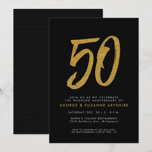 Invitation de fête d'anniversaire de 50 ans noir e (Devant / Derrière)