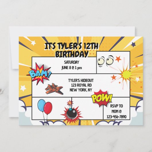 Invitation de fête d'anniversaire de bande dessiné (Devant)