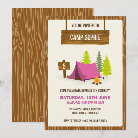 Invitation de fête d'anniversaire de camping - (Devant / Derrière)