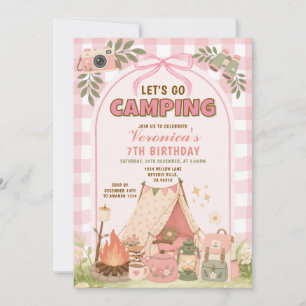 Invitation de fête d'anniversaire de camping rose