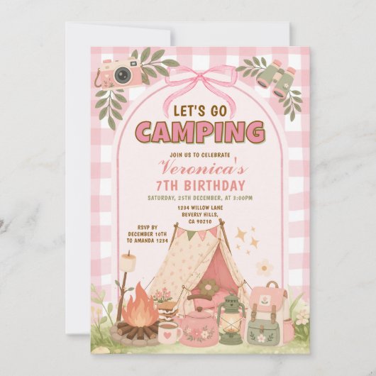 Invitation de fête d'anniversaire de camping rose (Devant)